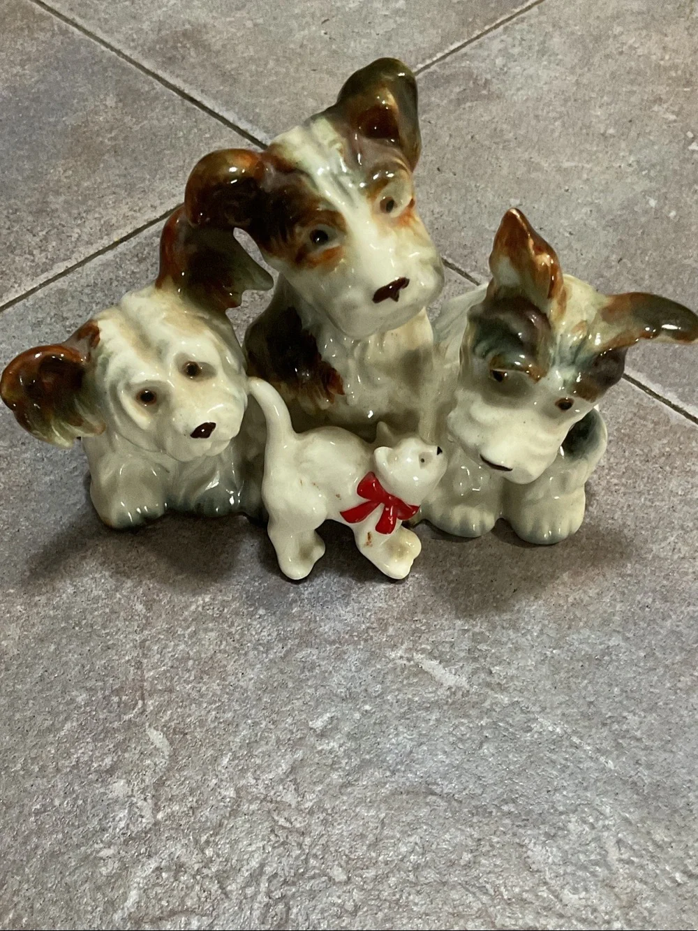 Vintage Ceramic Puppy Trio with Small Cat Figurine - Brown & Cream
